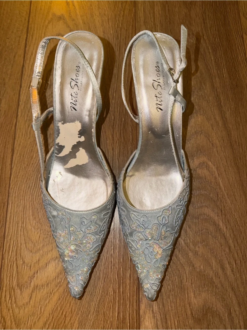 90s Blue Y2K Embroidered Pointed-Toe Slingback Heels